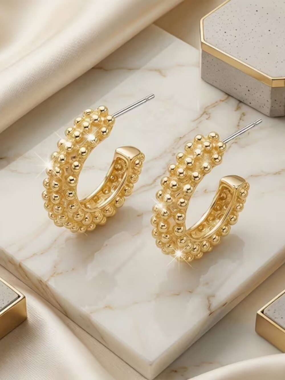 14K Gold Womens Small Beaded Semi Hoop Earrings Ladies 14 K Silver Hoops Jewelry